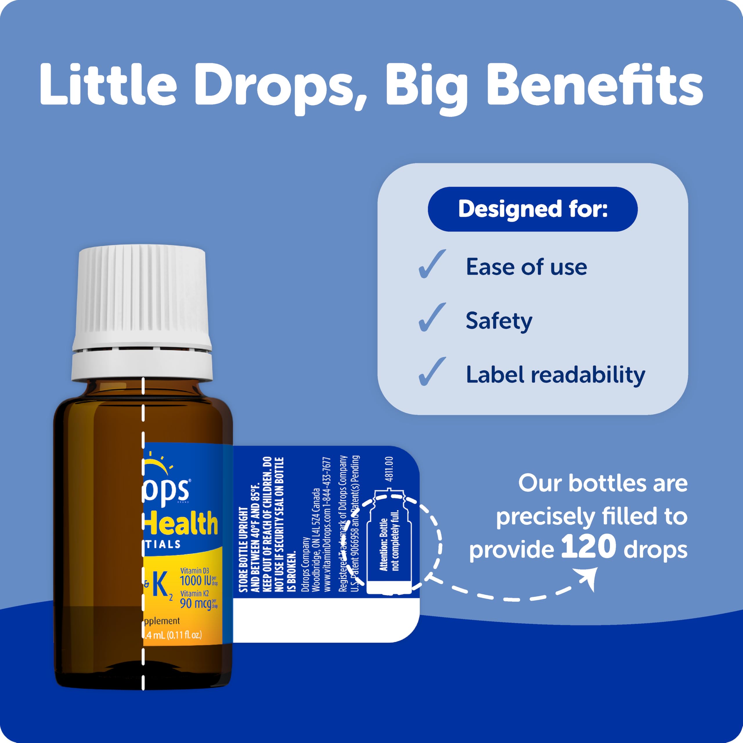 Ddrops bone health bottle back label detail with dosing information.