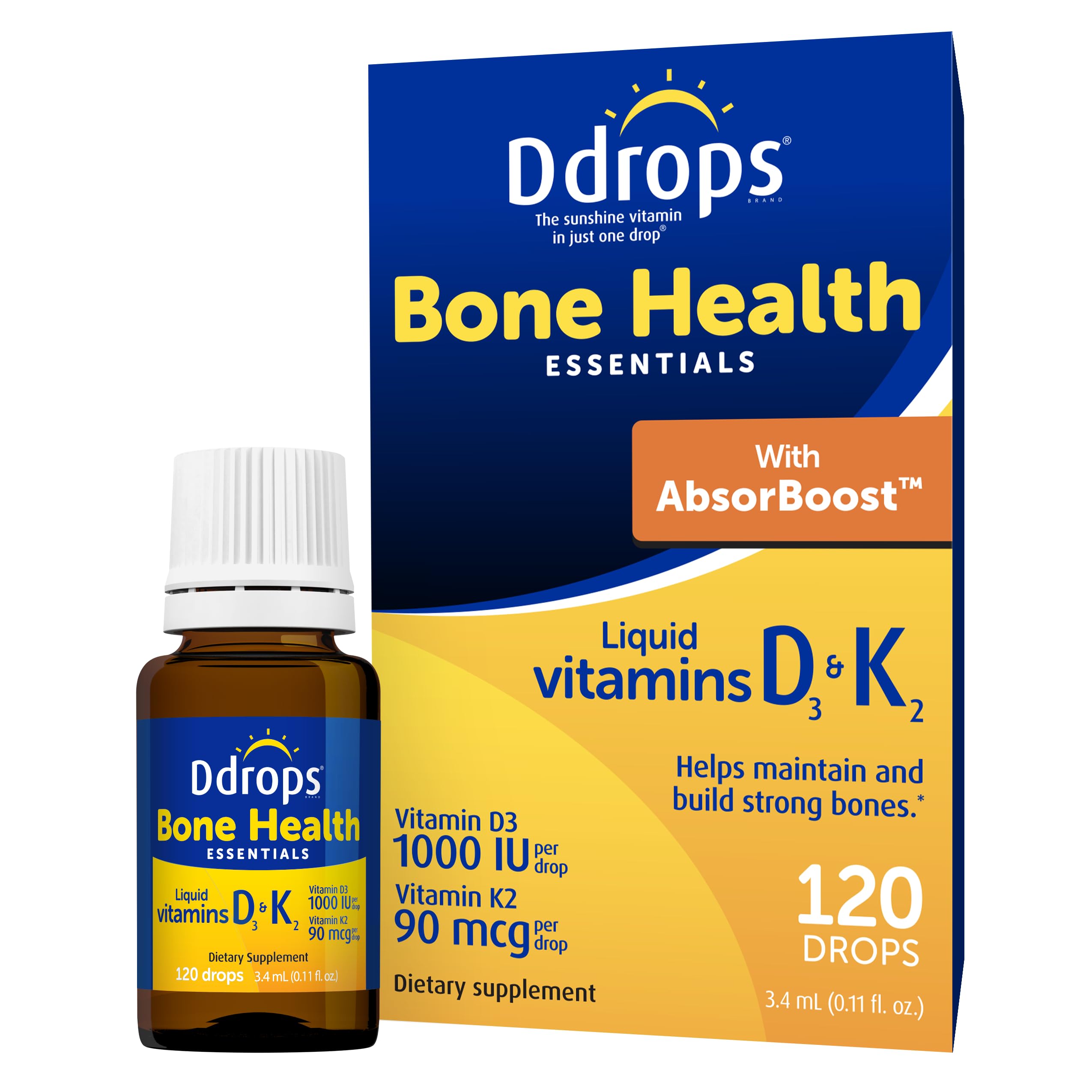 Ddrops Bone Health bottle front view showing D3 and K2 support for bones.