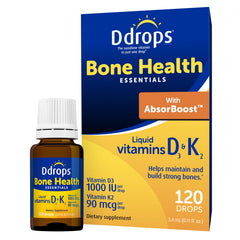 Ddrops Bone Health bottle front view showing D3 and K2 support for bones.