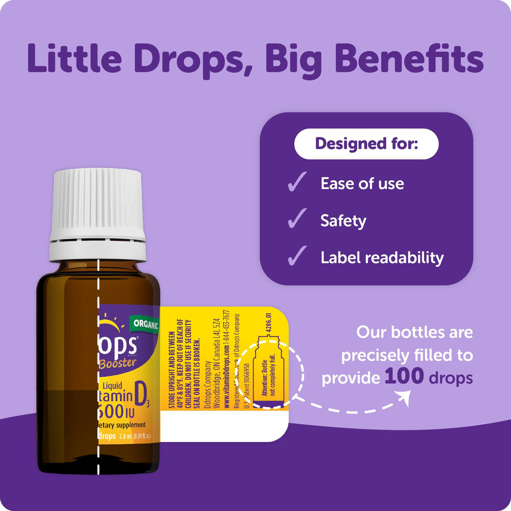 Ddrops Kids Booster, frasco con etiqueta clara para lectura rápida.