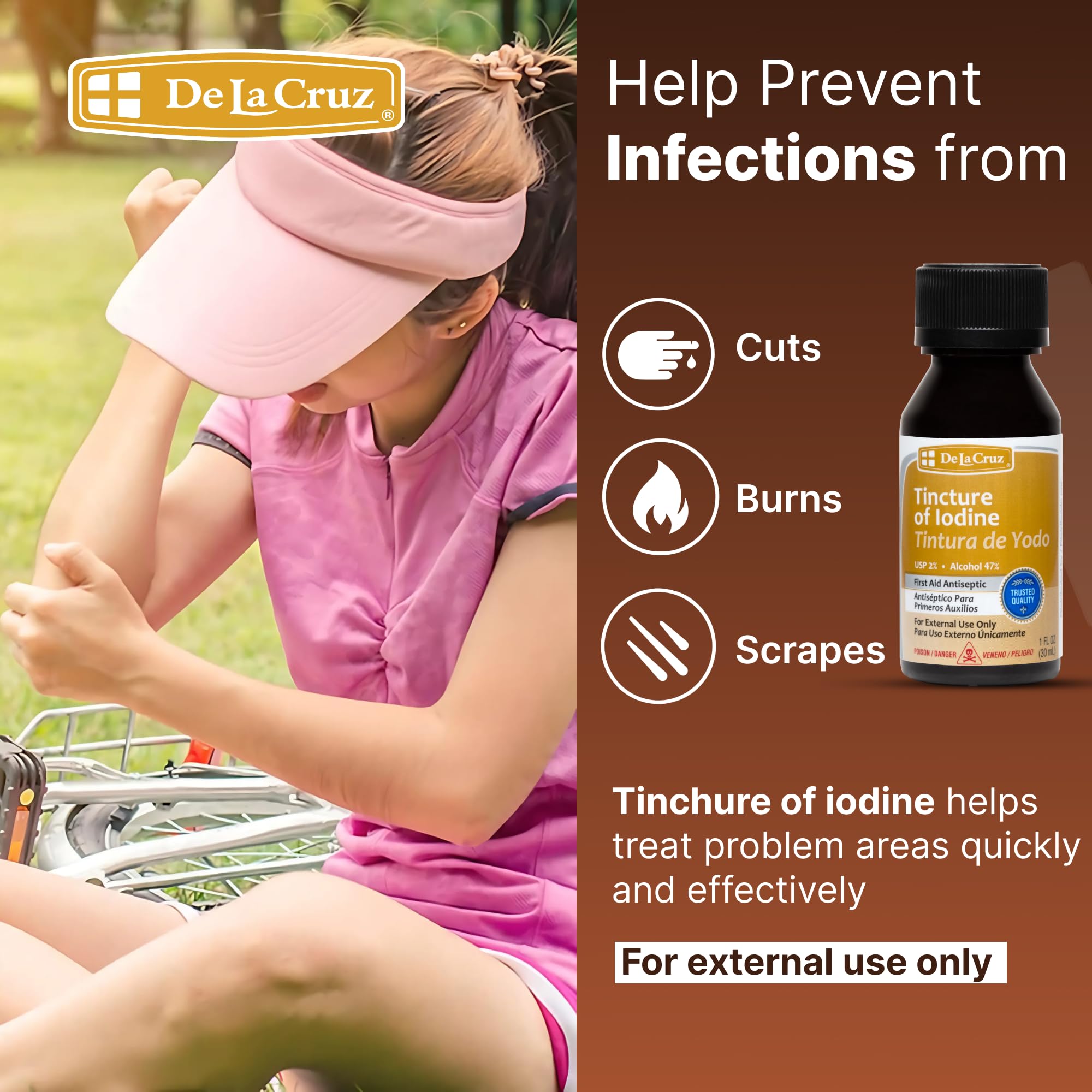 Dauber-cap enables precise antiseptic application on minor wounds.