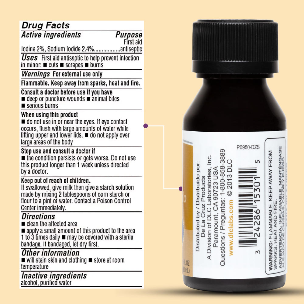 First aid kit scene with De La Cruz iodine.