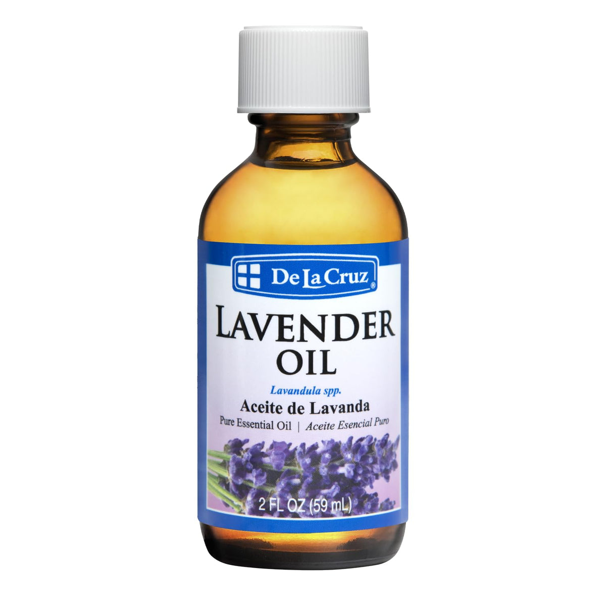 De La Cruz lavender oil bottle in amber glass promoting a soothing aroma