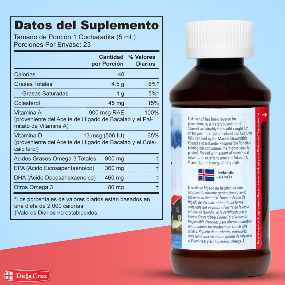 De La Cruz origen Islandia: aceite de hígado de bacalao de captura silvestre.