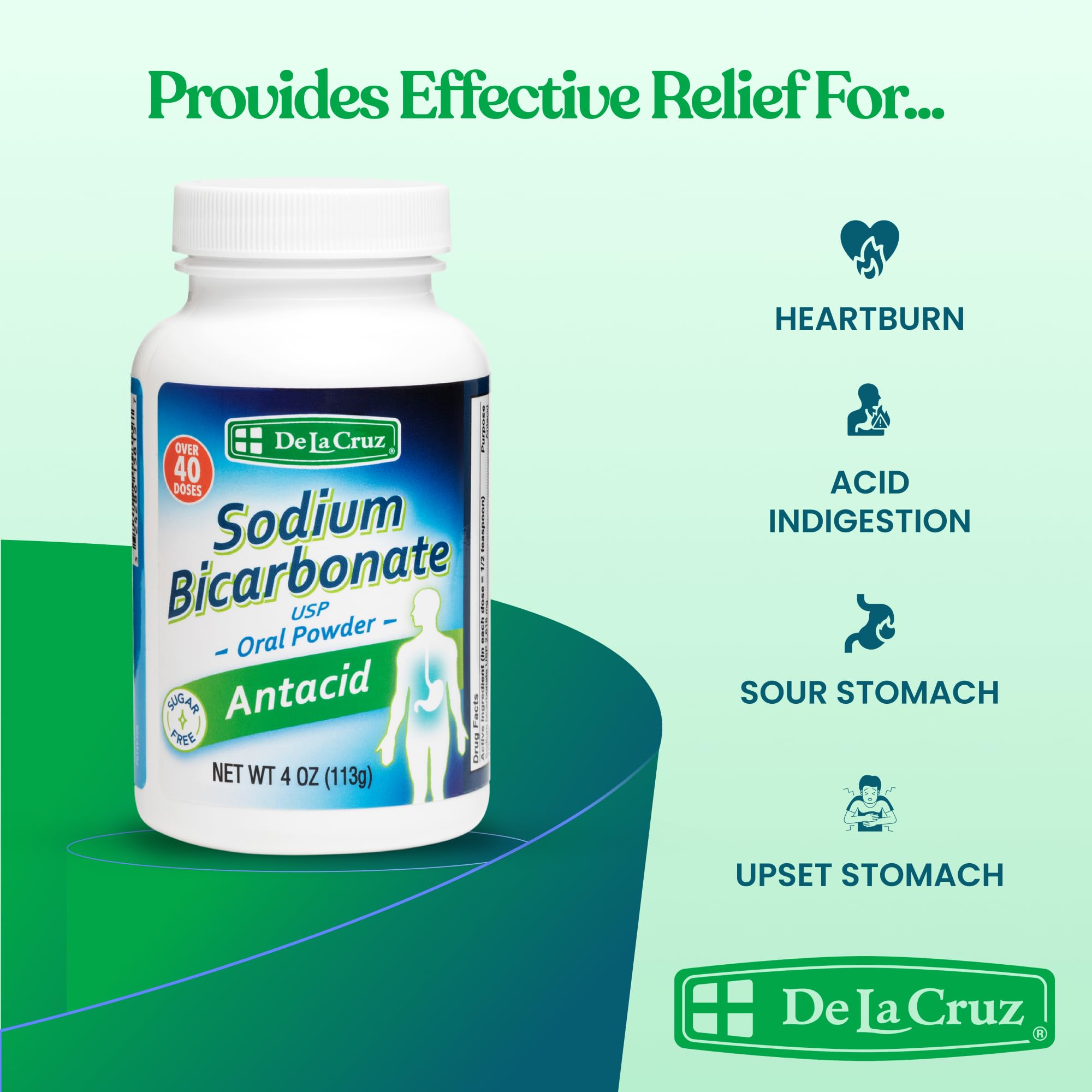 De La Cruz Pure sodium bicarbonate measuring-spoon highlights simple dosing for adults and 12+.