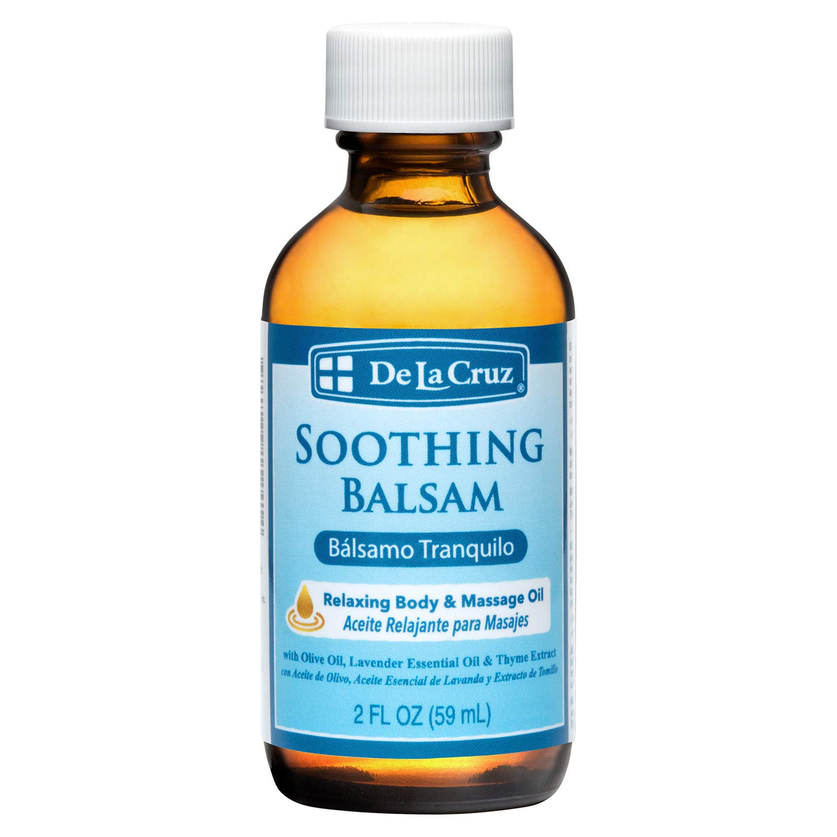 De La Cruz Soothing Balsam bottle pour promotes quick relaxation.