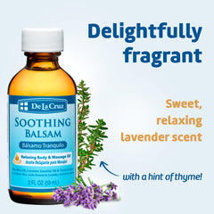 De La Cruz Soothing Balsam ingredients panel emphasizes natural botanicals.
