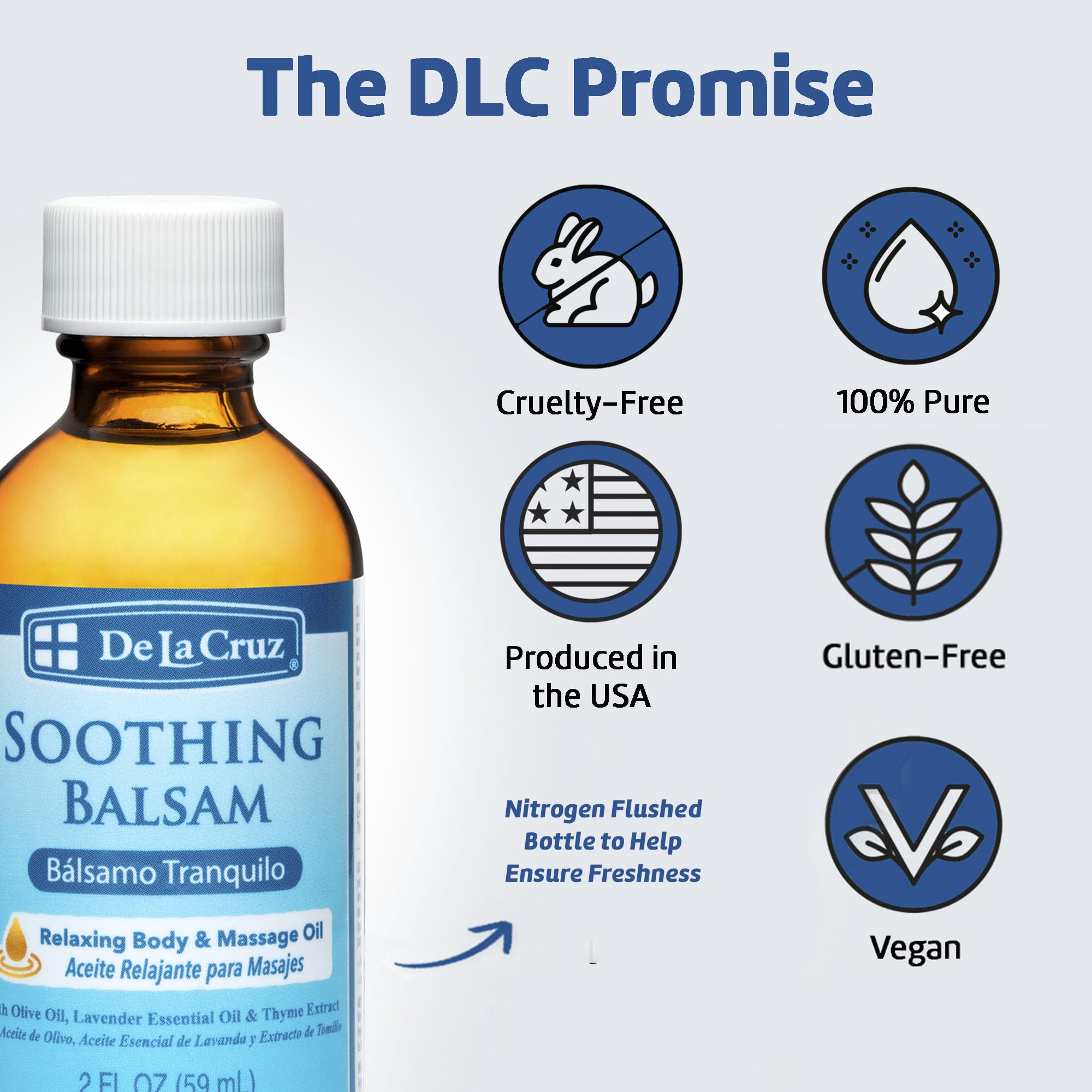 De La Cruz Soothing Balsam lavender essence signals calming aromatherapy benefits.