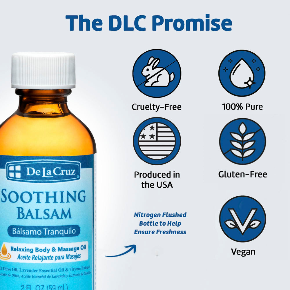 De La Cruz Soothing Balsam lavender essence signals calming aromatherapy benefits.