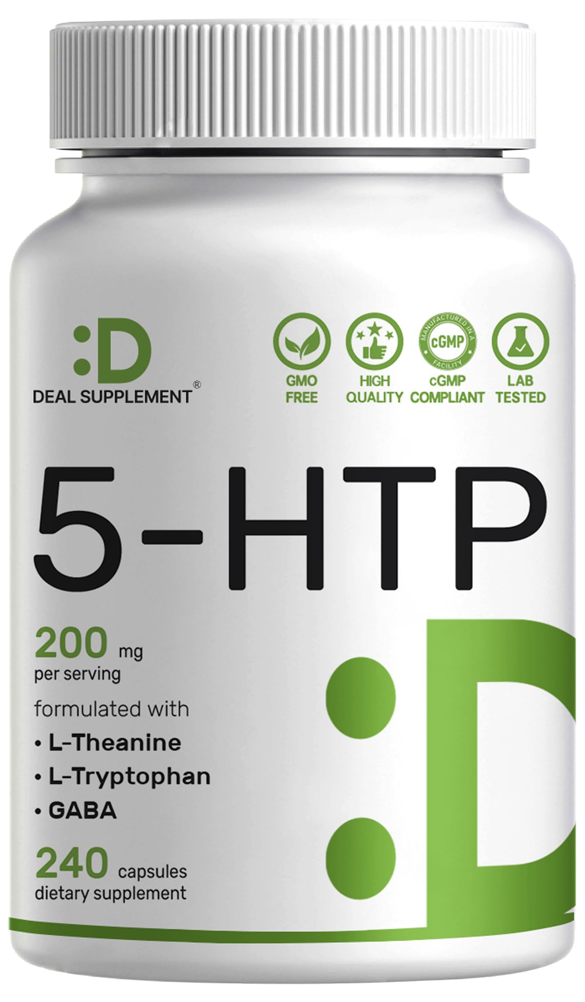 Deal Supplement 5-HTP bottle front label shows potency and dosage