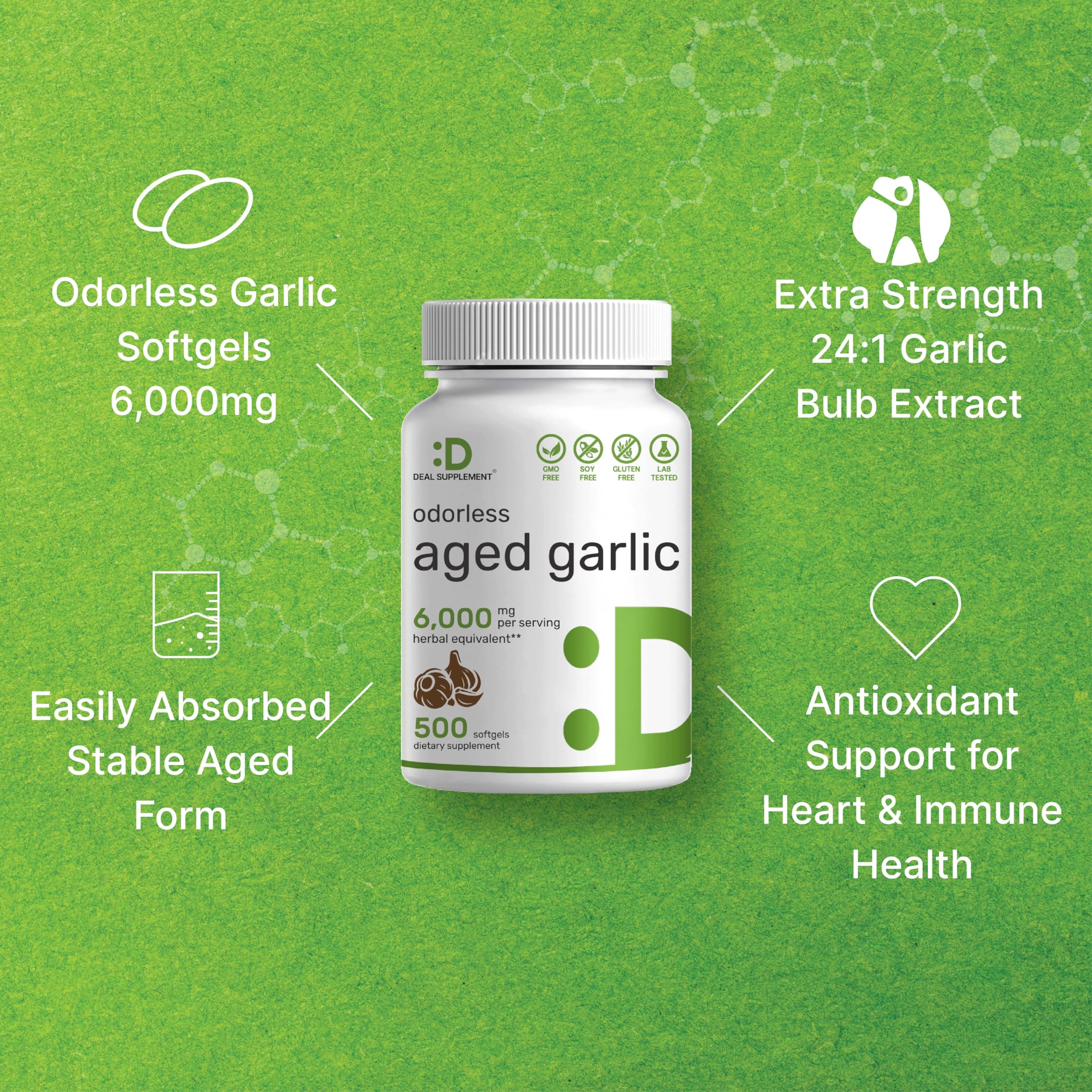 DEAL SUPPLEMENT aging garlic process label shows natural aging up to two years