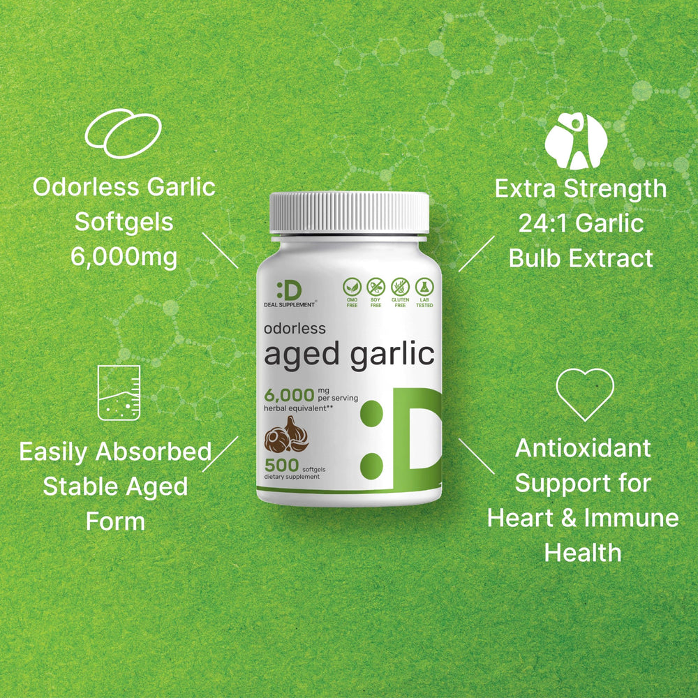 DEAL SUPPLEMENT aging garlic process label shows natural aging up to two years