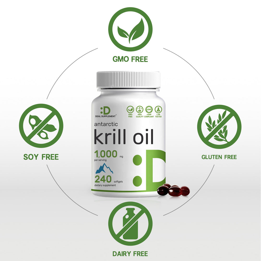 Deal Supplement Antarctic Krill Oil bottle close-up notes no fishy taste
