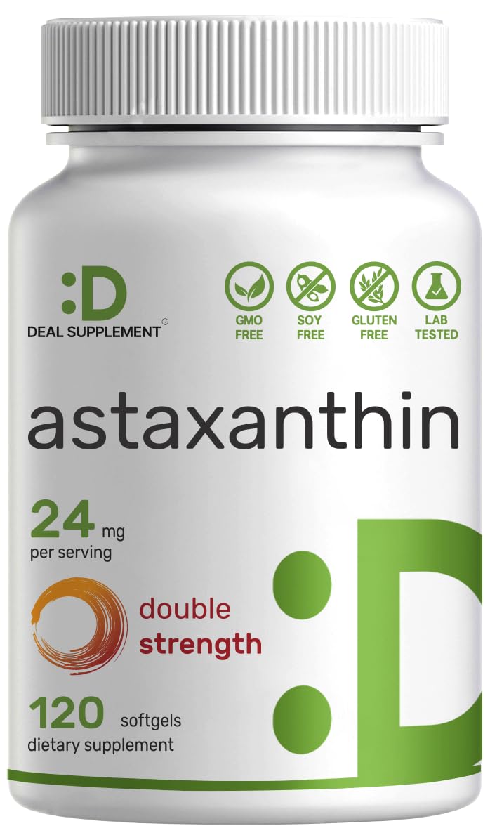 DEAL SUPPLEMENT Astaxanthin bottle with vibrant label, premium antioxidant support for skin and eyes.