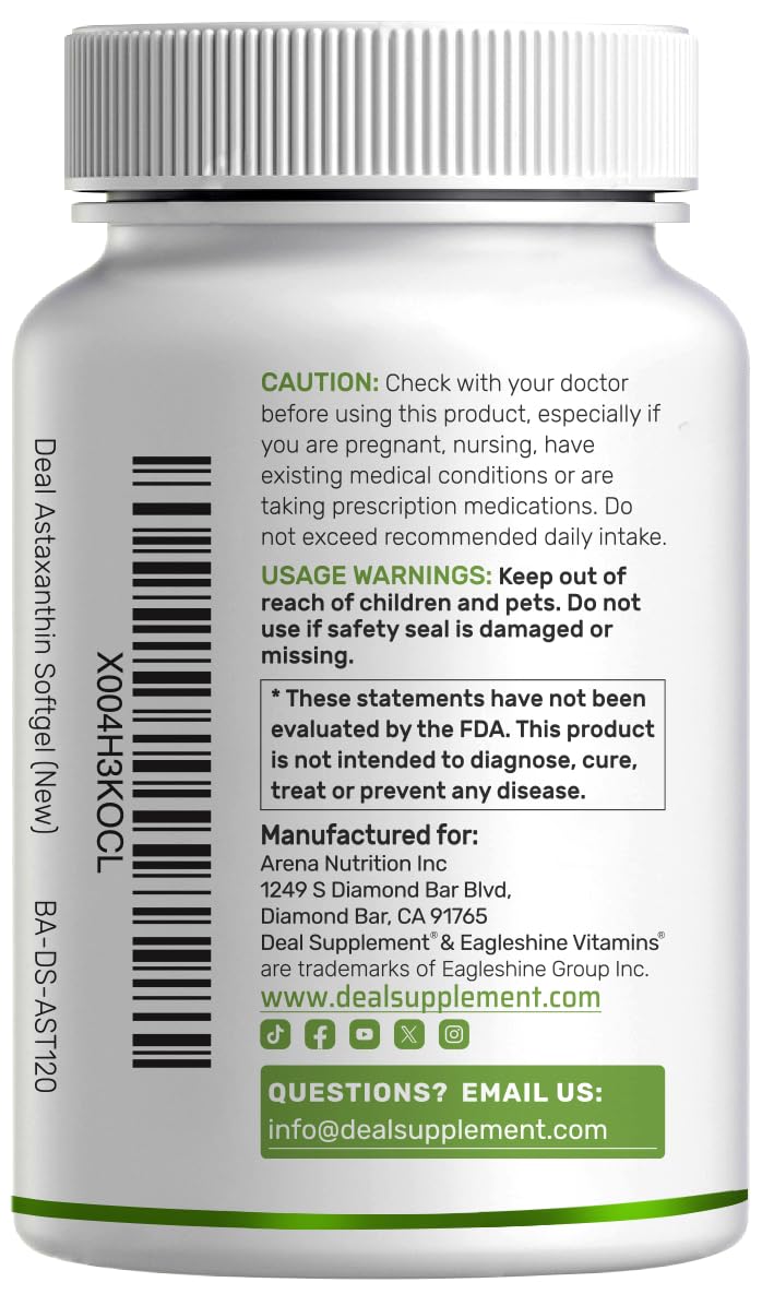 Packaging shot of DEAL SUPPLEMENT Astaxanthin emphasizing clean, double-strength formula.