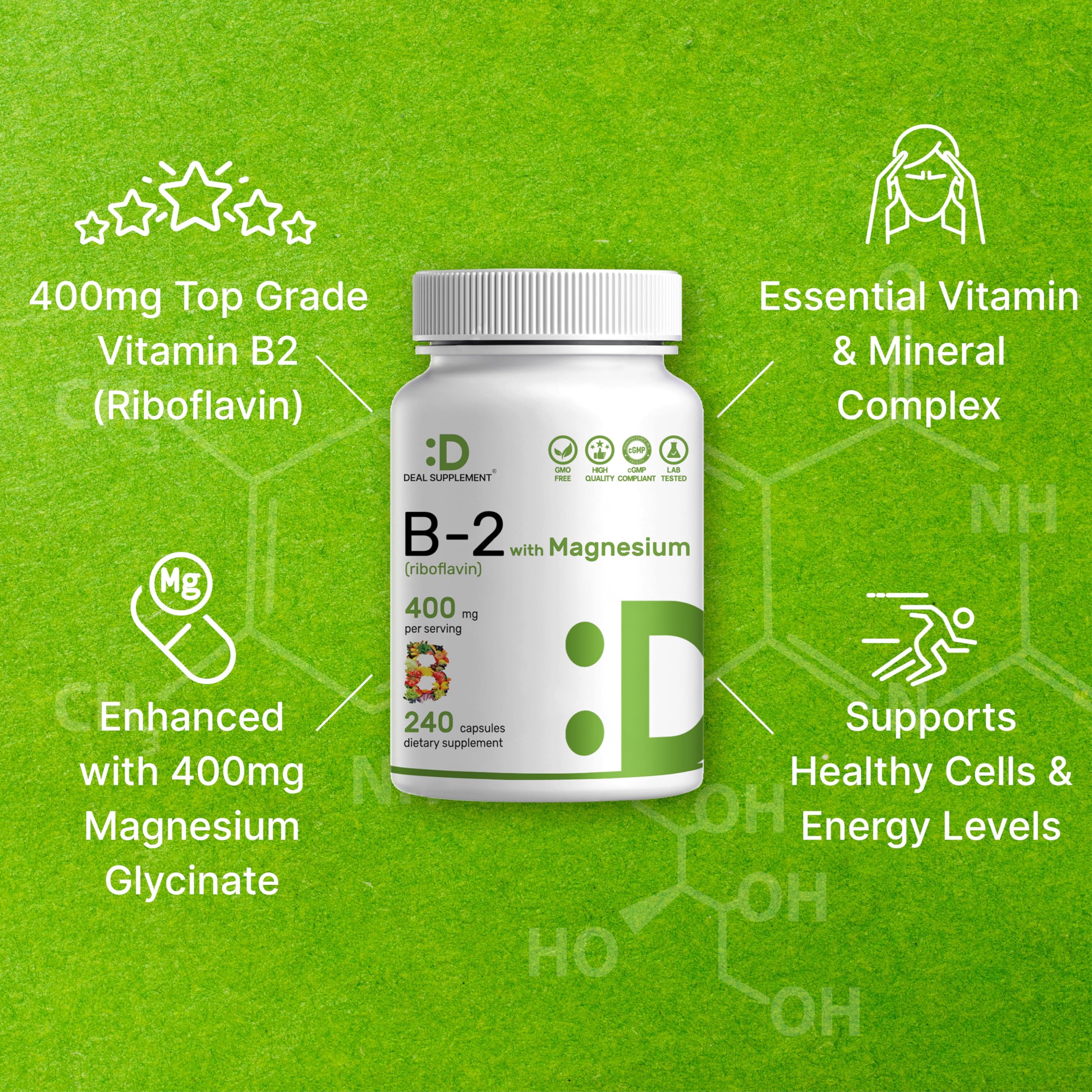 Deal Supplement B2 ingredients label close-up highlights riboflavin and magnesium glycinate