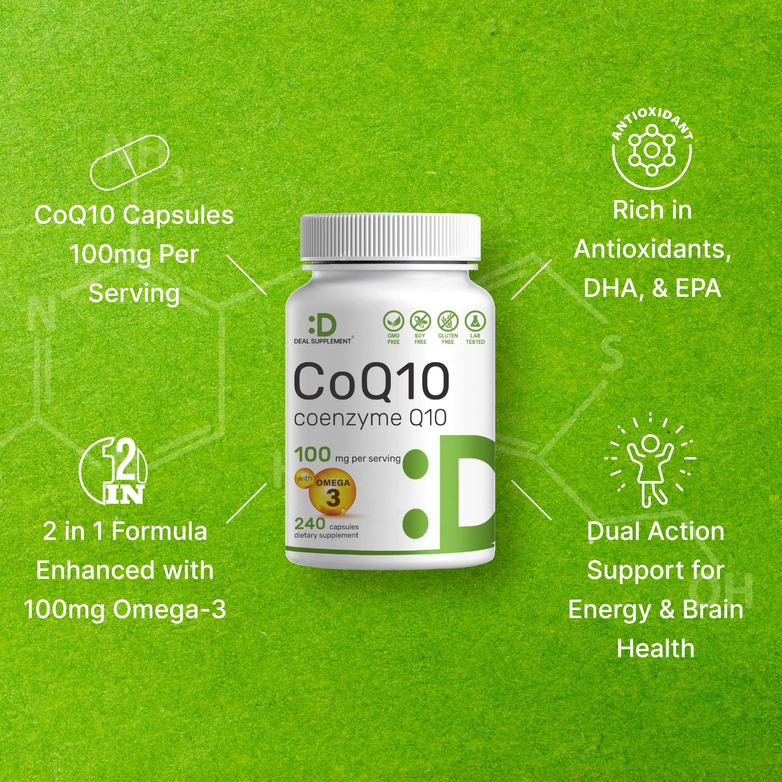 Deal Supplement CoQ10 Omega 3 softgels with DHA/EPA symbols for heart and brain support