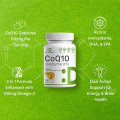 Deal Supplement CoQ10 Omega 3 softgels with DHA/EPA symbols for heart and brain support