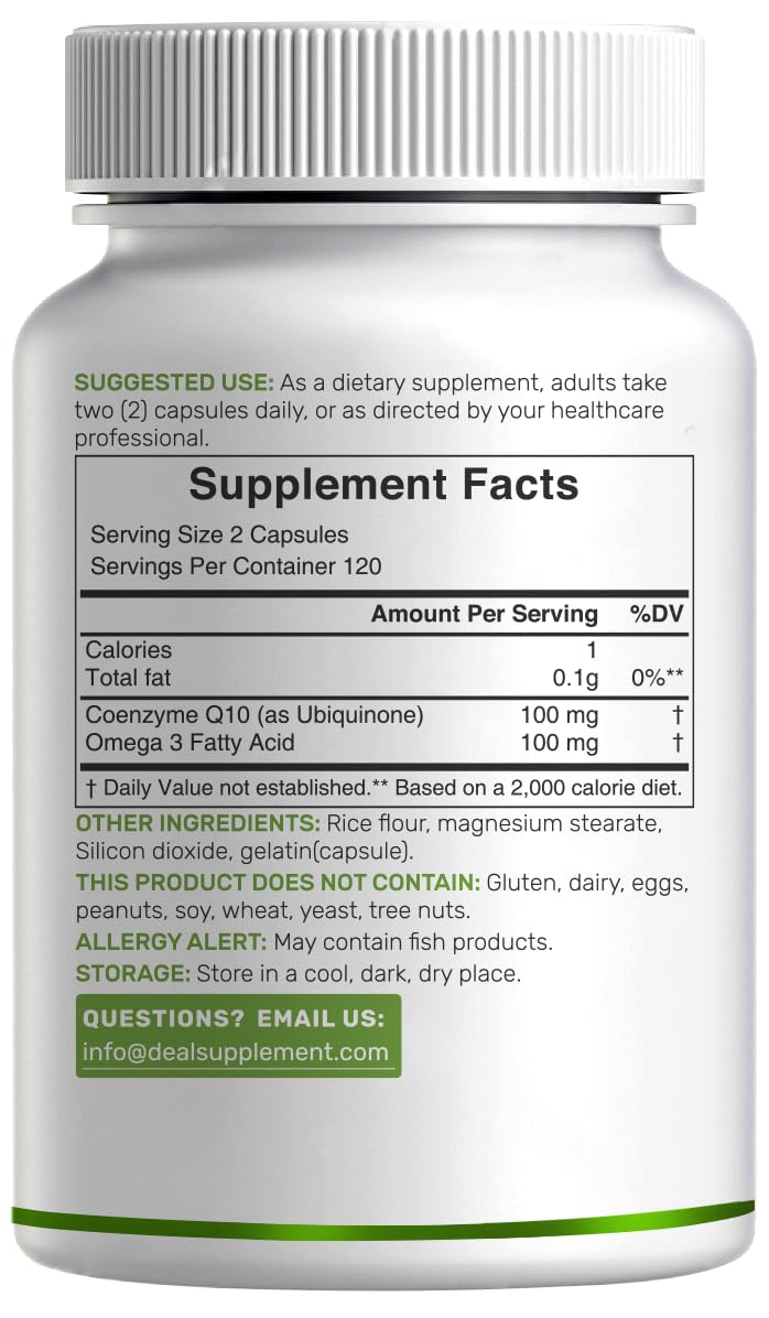 Deal Supplement CoQ10 Omega 3 capsules with twist-off cap for daily dosing