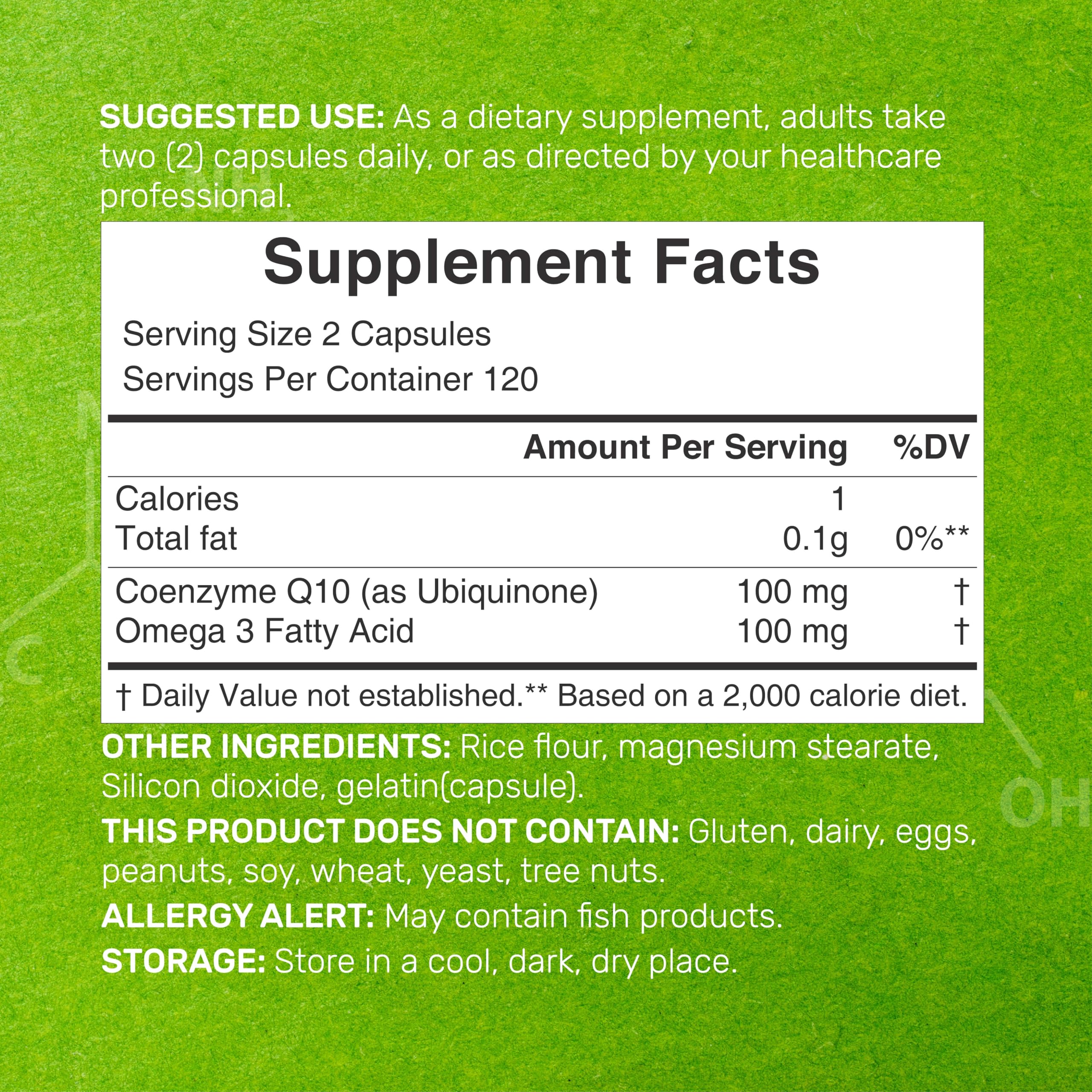 Deal Supplement CoQ10 Omega 3 label close-up highlights Non-GMO and allergen-free features
