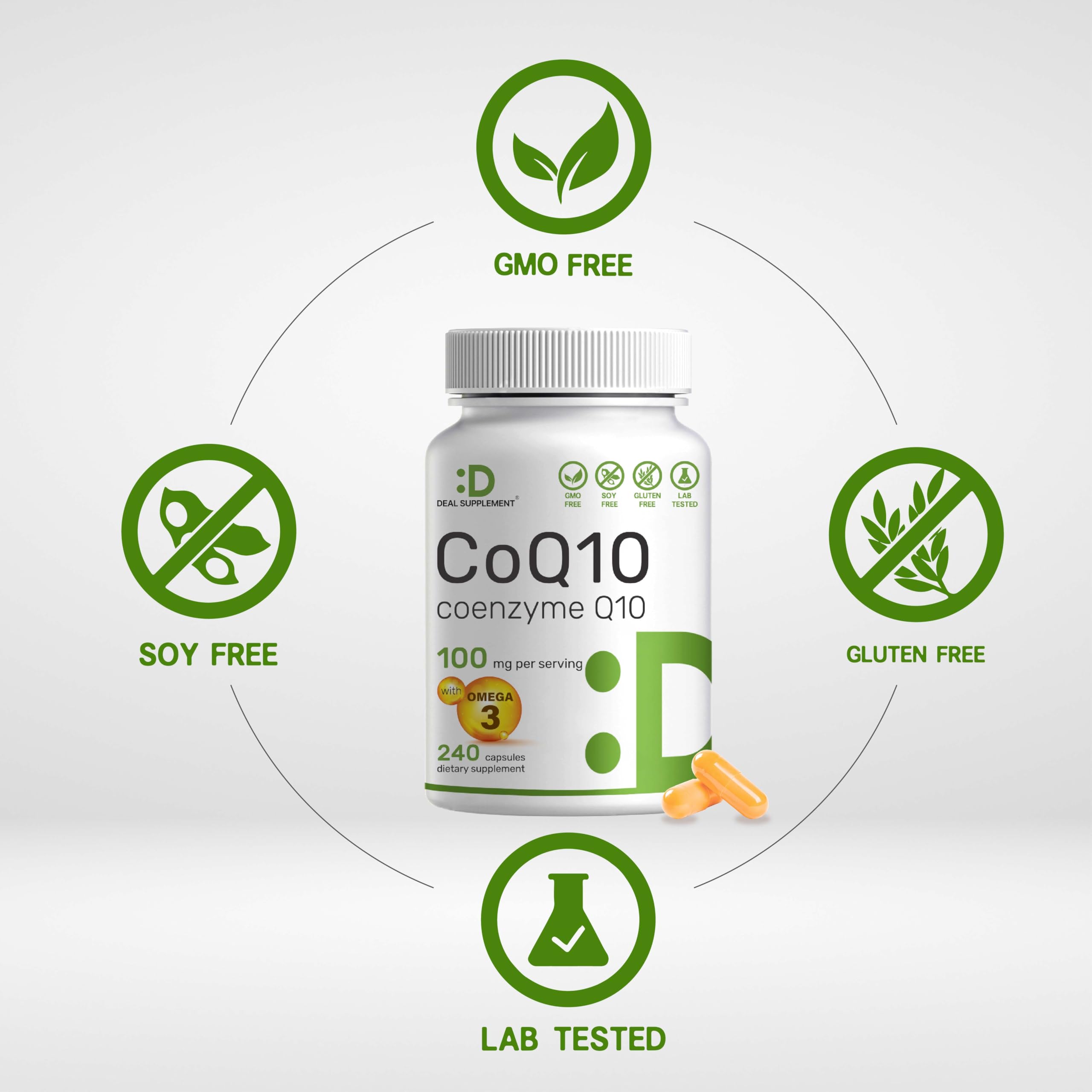 Deal Supplement CoQ10 Omega 3 softgels close-up for easy swallowing