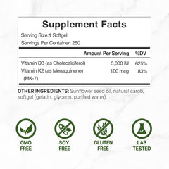 DEAL SUPPLEMENT D3K2 label shows 5,000 IU D3 and 100 mcg K2 MK7