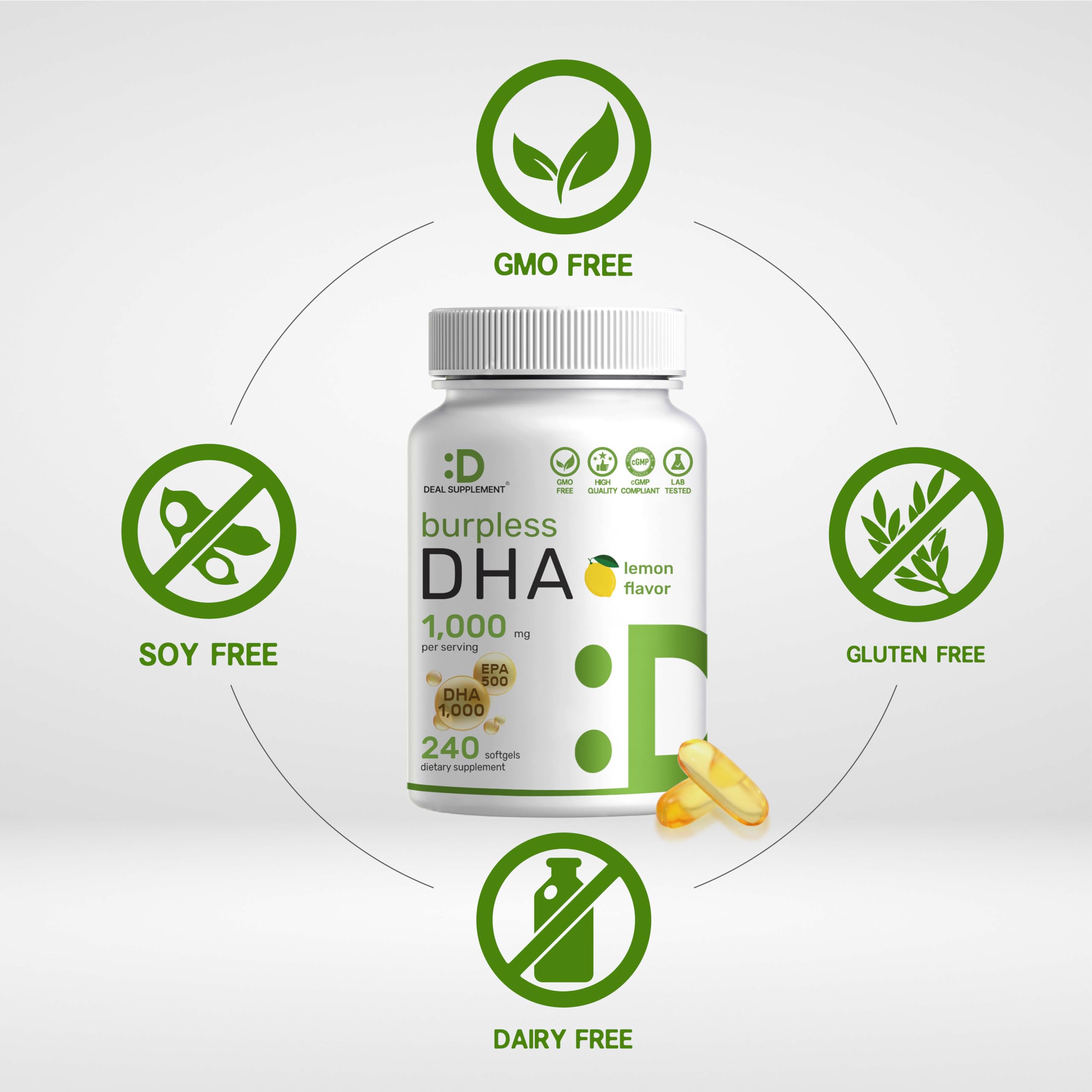 DEAL SUPPLEMENT DHA bottle label highlights 1000mg DHA and 500mg EPA per serving.