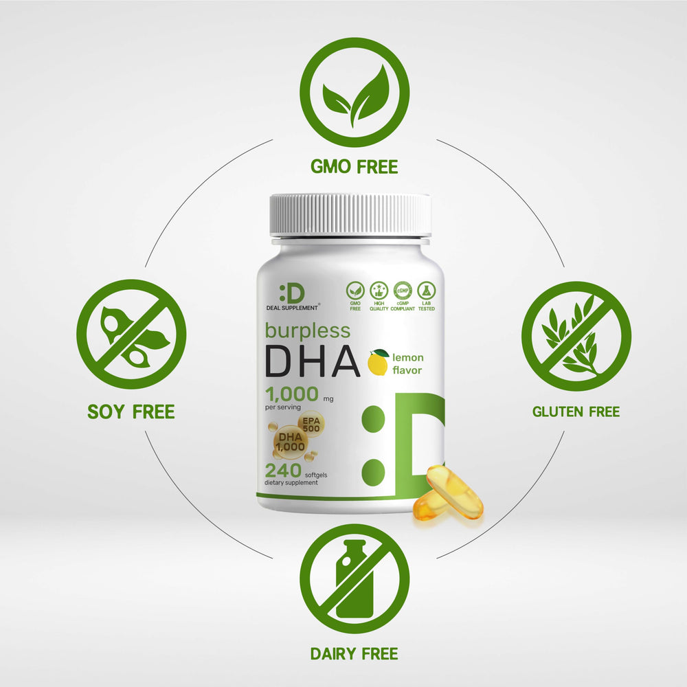 DEAL SUPPLEMENT DHA bottle label highlights 1000mg DHA and 500mg EPA per serving.