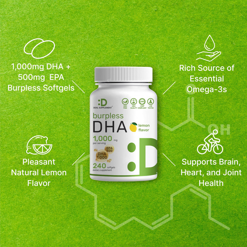 DEAL SUPPLEMENT DHA lemon flavor softgels on spoon suggest easy daily intake.