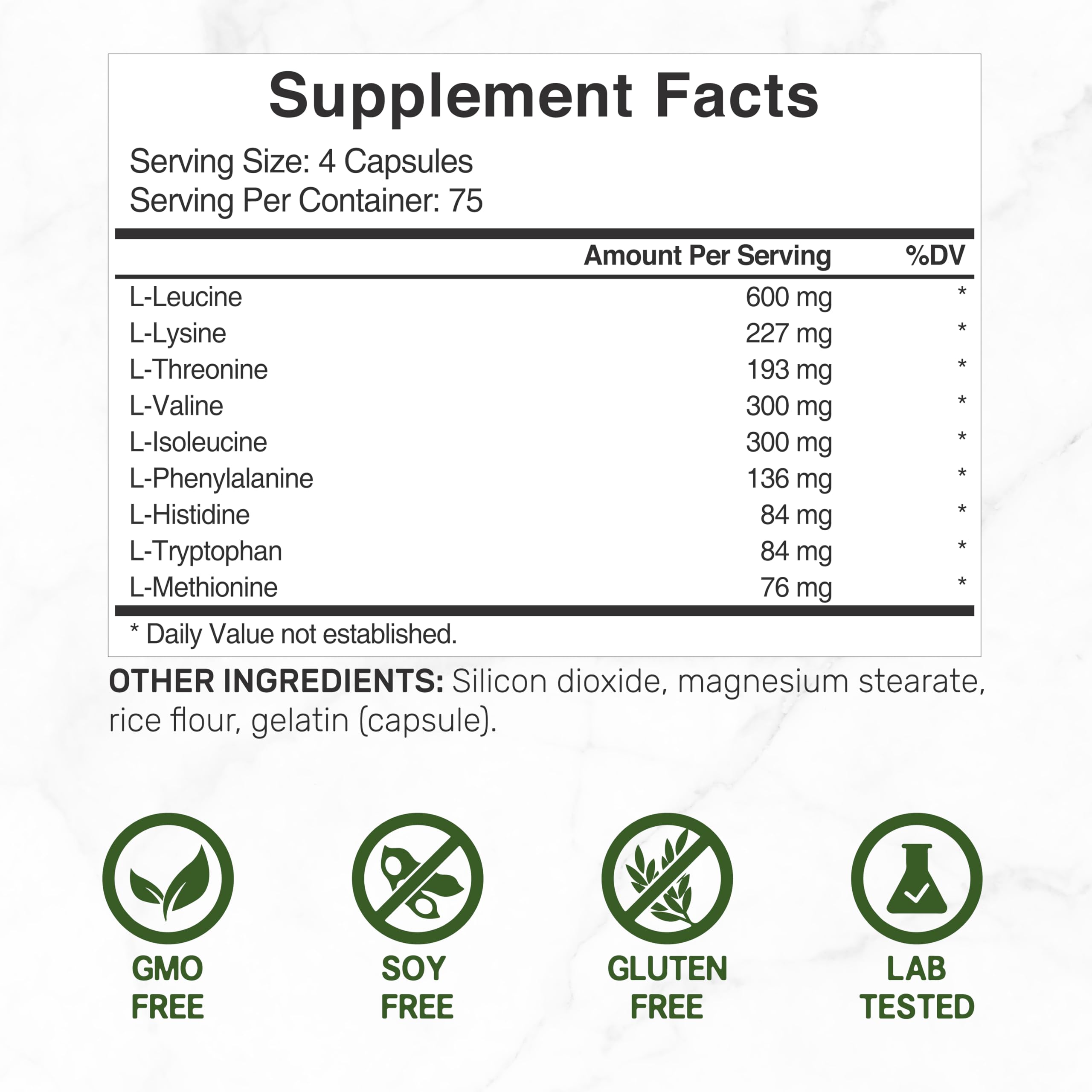 DEAL SUPPLEMENT serving size on bottle indicates four capsules per serving.
