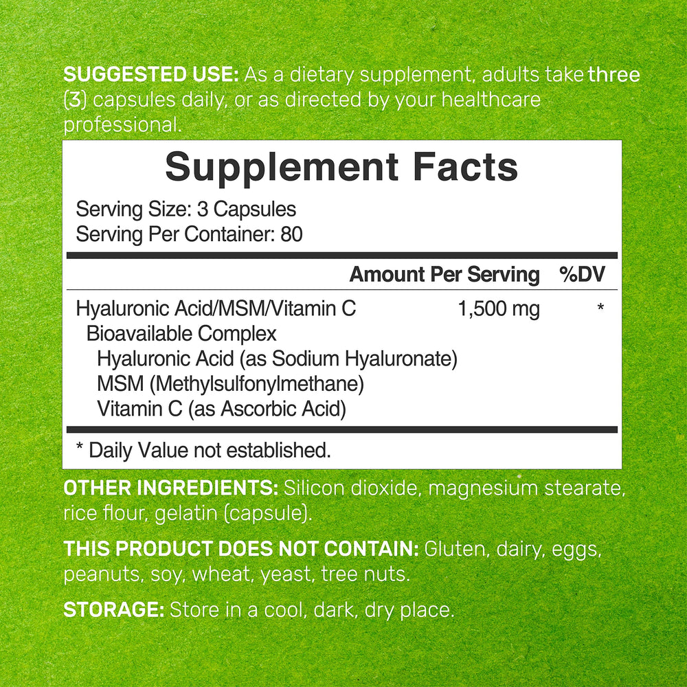 Closeup of DEAL SUPPLEMENT HA capsules with 1,500mg blend including MSM and vitamin C