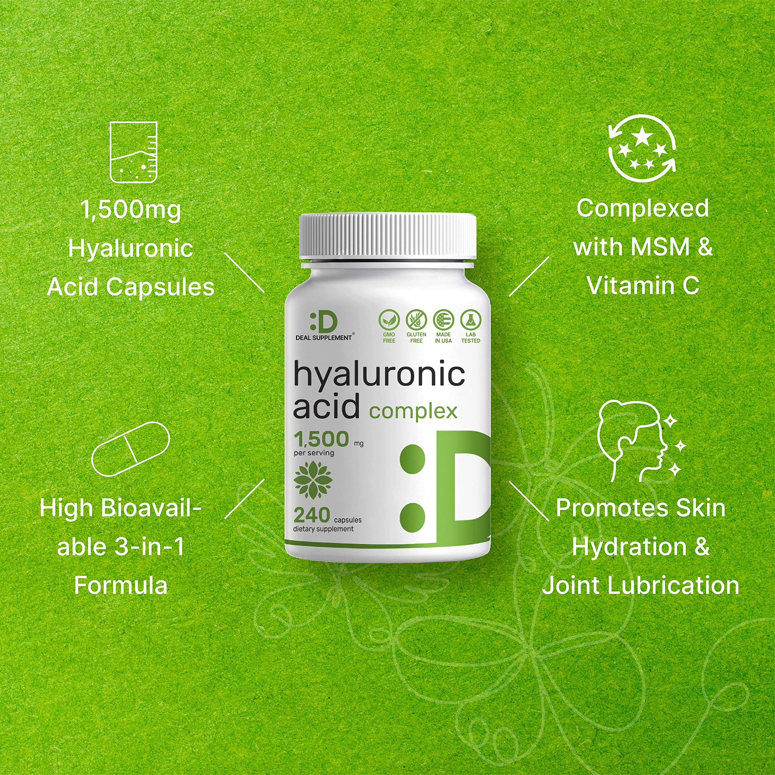 Ingredient panel on DEAL SUPPLEMENT bottle notes non-GMO and allergen-free ingredients