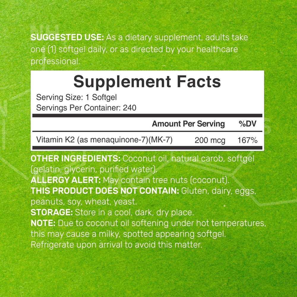 Deal Supplement K2 MK-7 softgels in coconut oil base supports nutrient uptake.