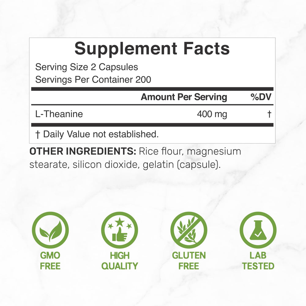 DEAL SUPPLEMENT L-Theanine capsules close-up highlights 400 mg strength.