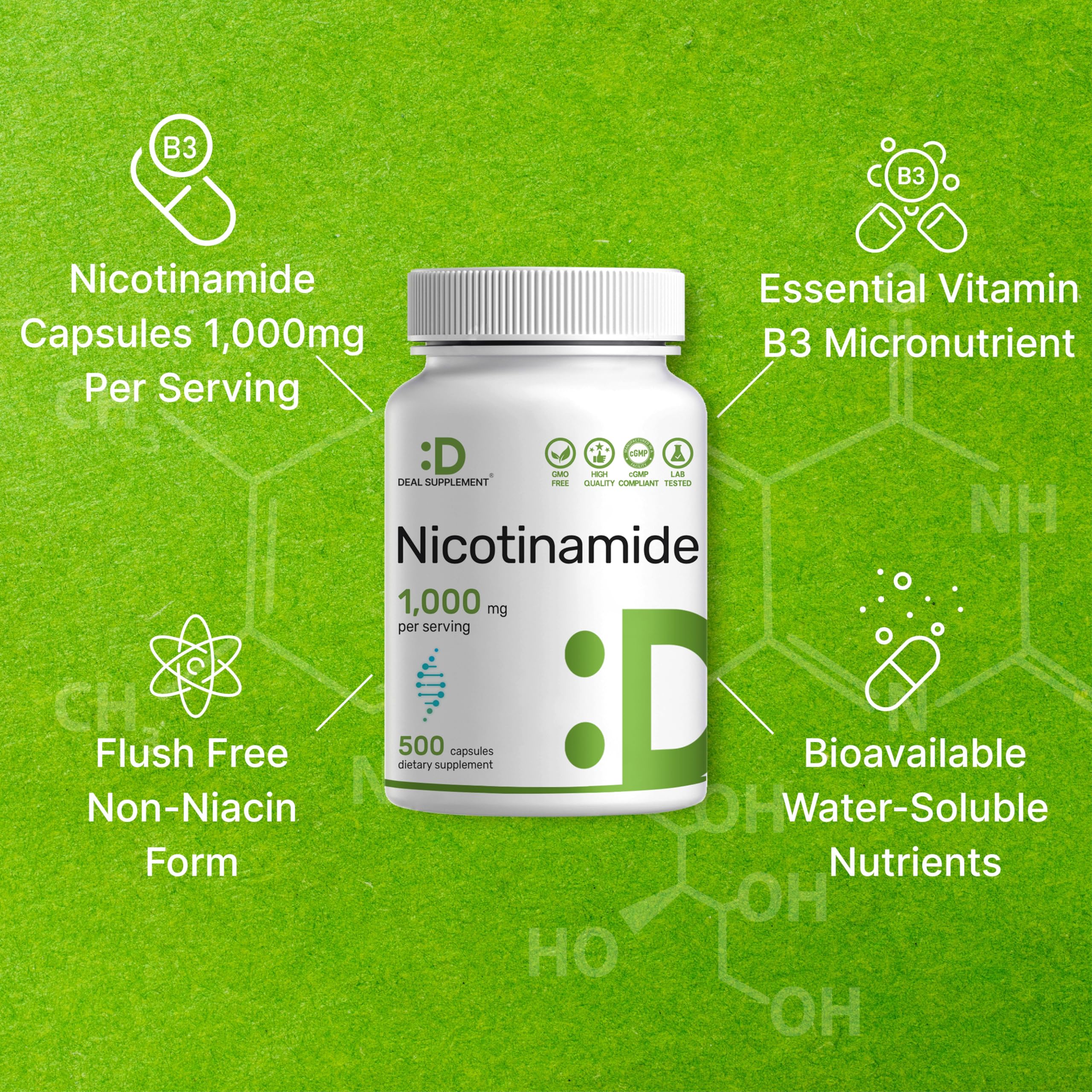 DEAL SUPPLEMENT Label close-up highlighting non-GMO and allergen-free formulation.