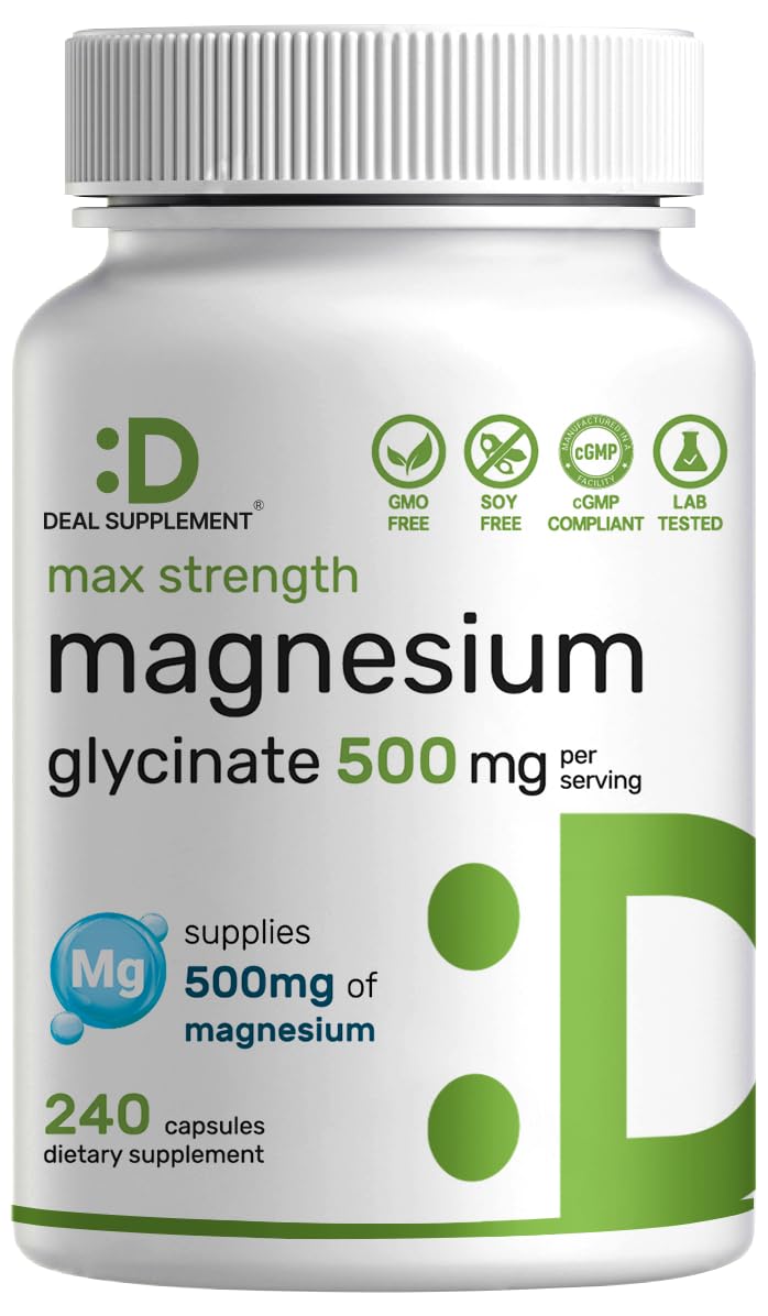 Deal Supplement magnesium glycinate 500mg bottle highlights easy absorption.