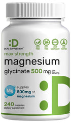 Deal Supplement magnesium glycinate 500mg bottle highlights easy absorption.