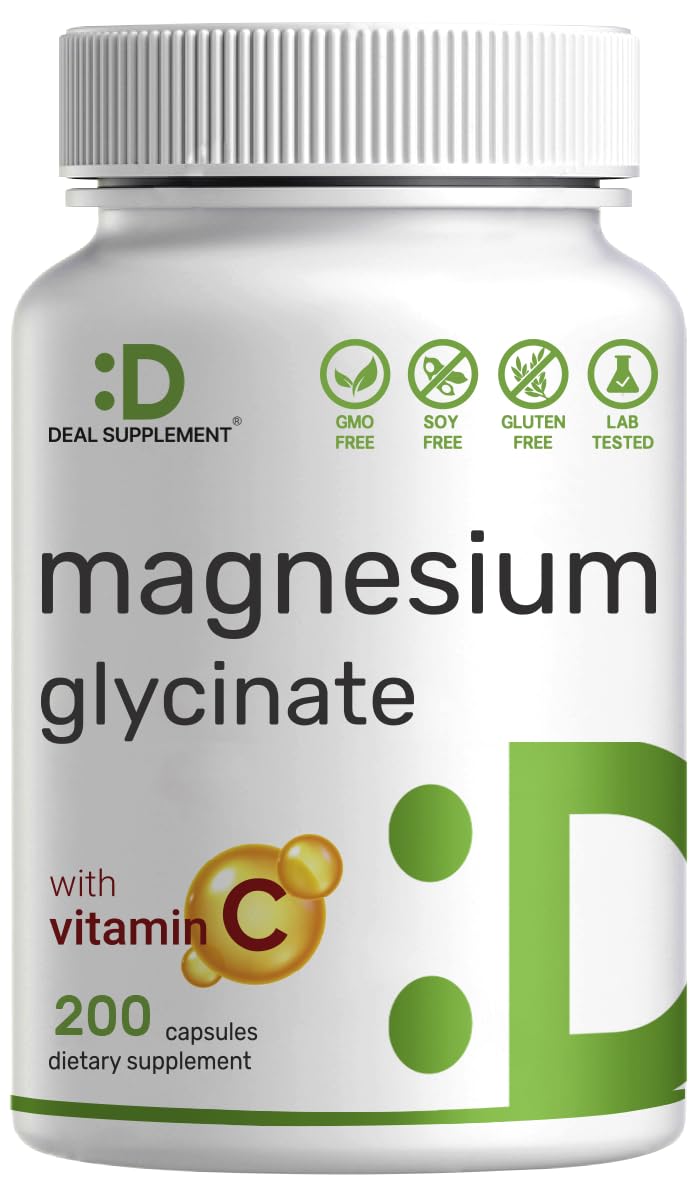 DEAL SUPPLEMENT Magnesium Glycinate bottle front for easy absorption and vitamin C support.