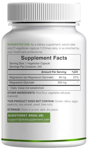 Deal Supplement magnesium glycinate capsules in vegetarian form for gentle digestion.