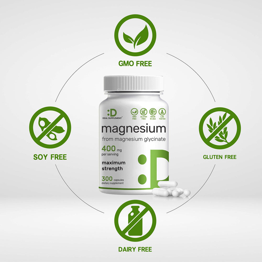 DEAL SUPPLEMENT magnesium glycinate label showing 300 capsules and dosing.