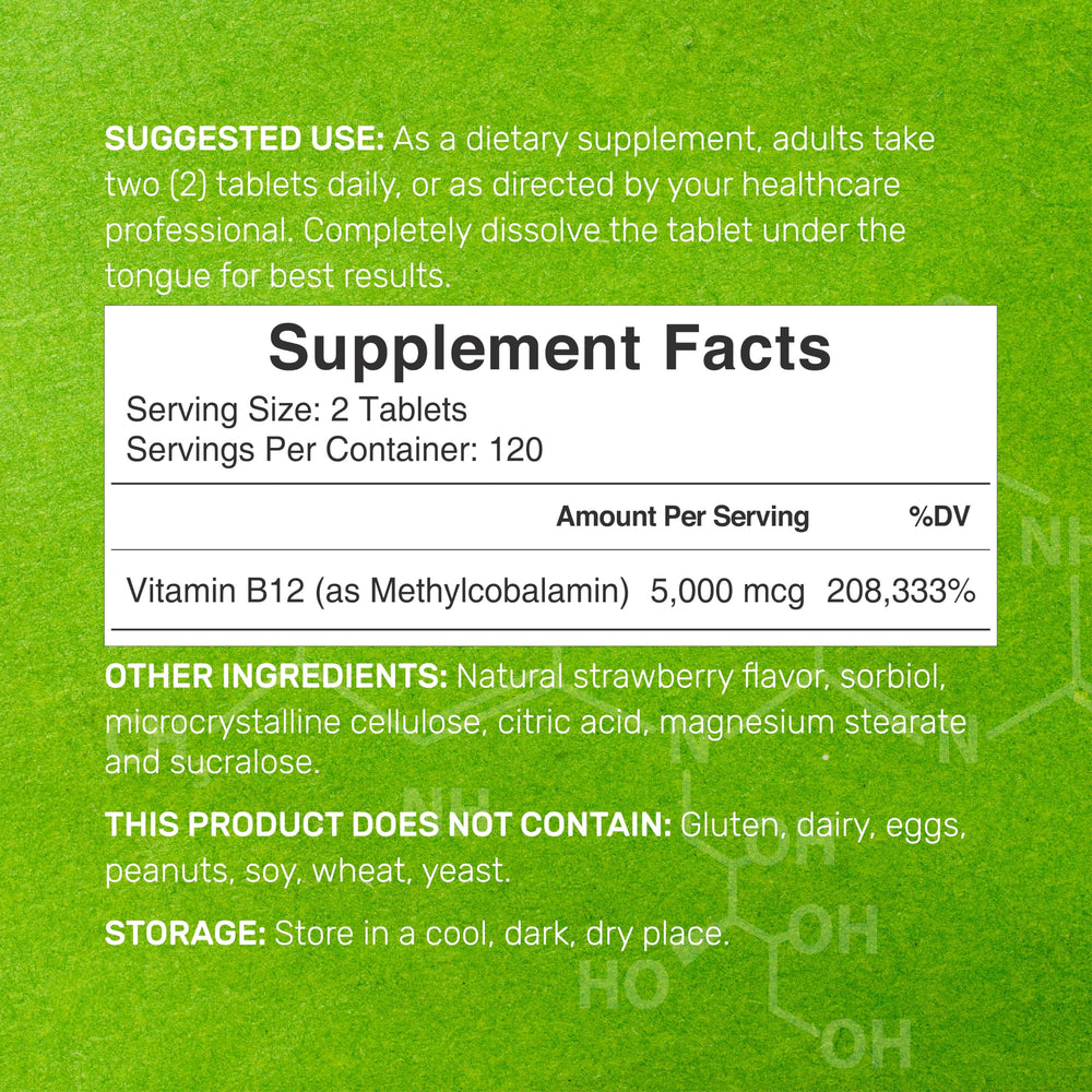 Chewable methyl B12 tablets with strawberry flavor for pleasant daily use.