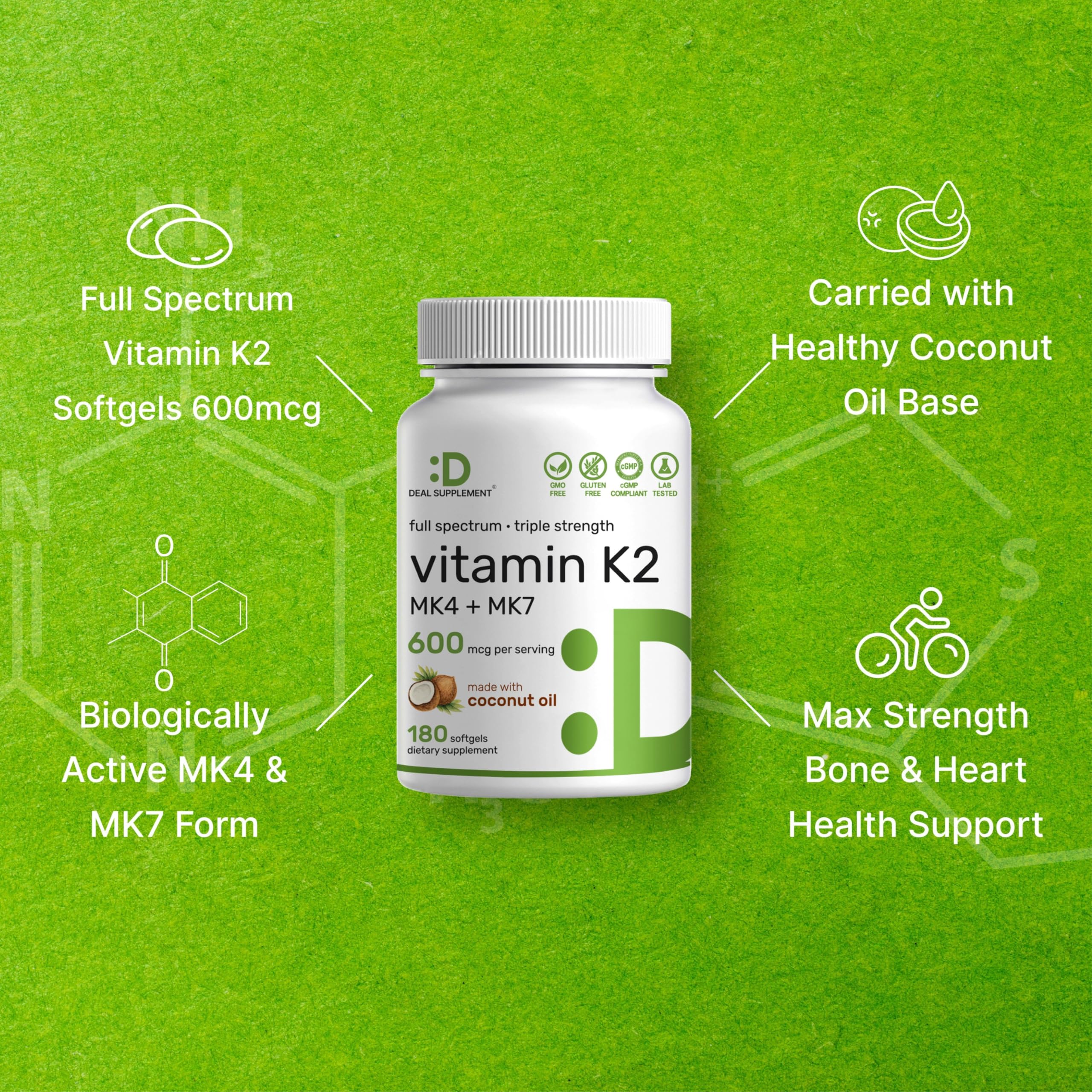 Non-GMO label and packaging for DEAL SUPPLEMENT Vitamin K2.