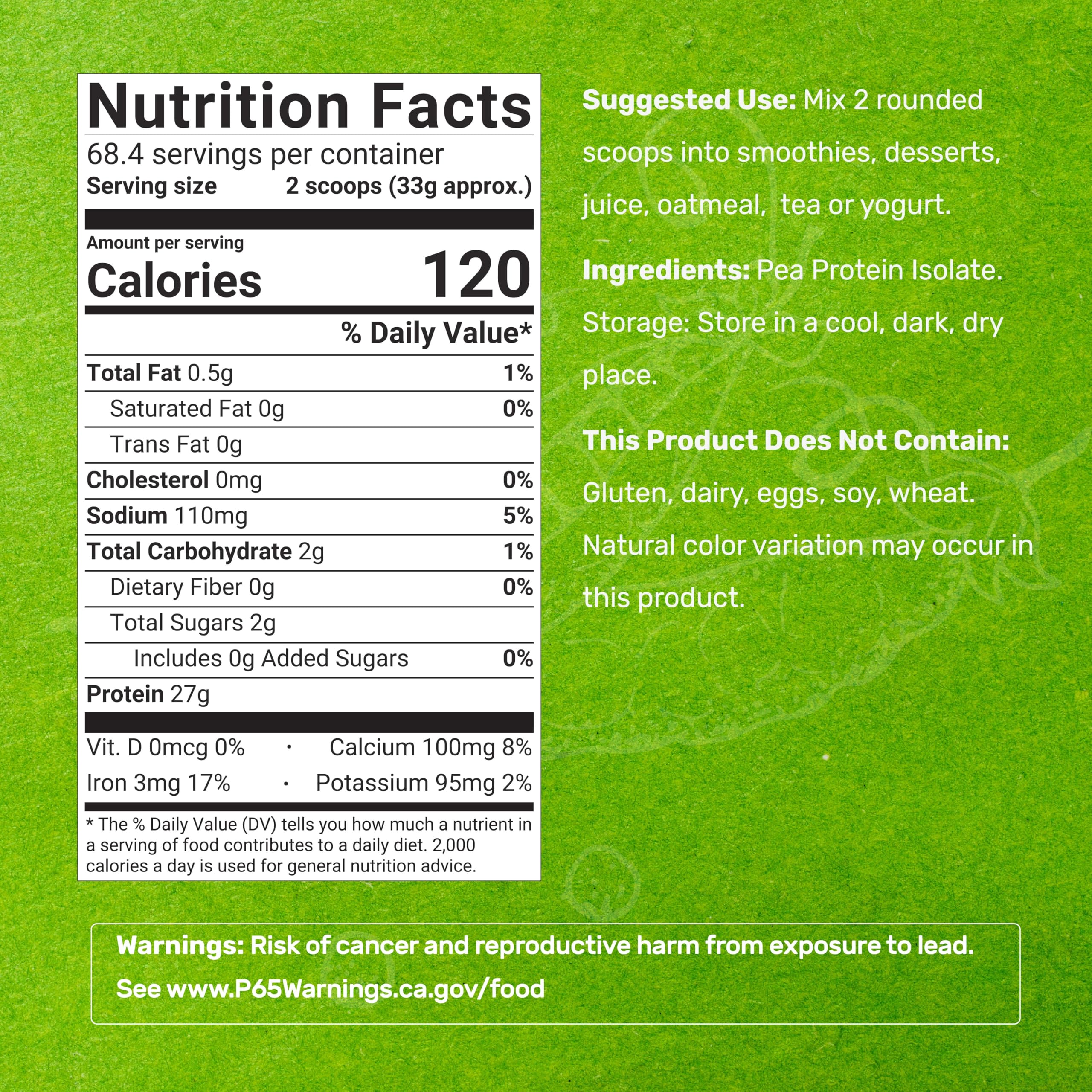 Deal Supplement pea protein isolate label highlights non-GMO and soy-free ingredients