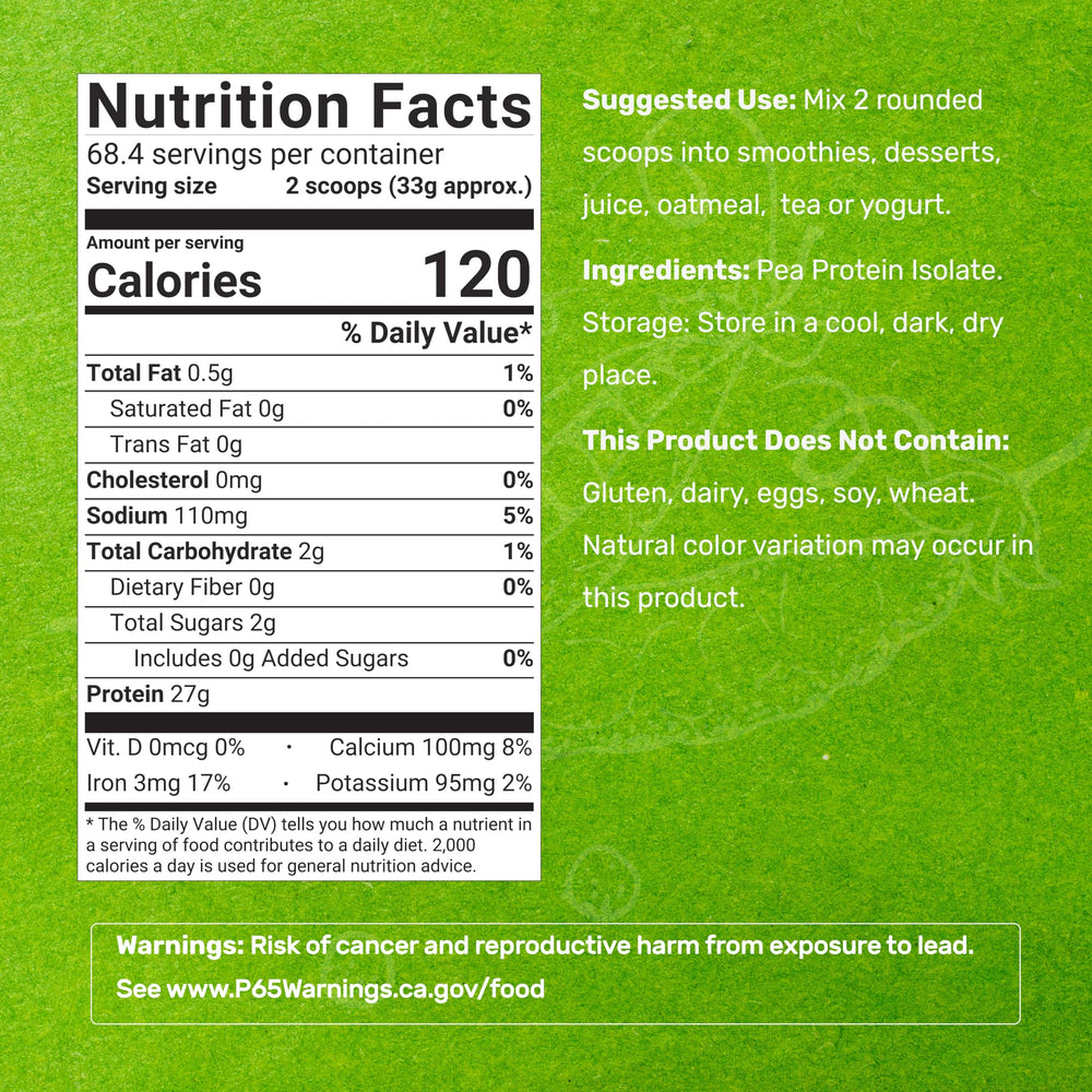 Deal Supplement pea protein isolate label highlights non-GMO and soy-free ingredients