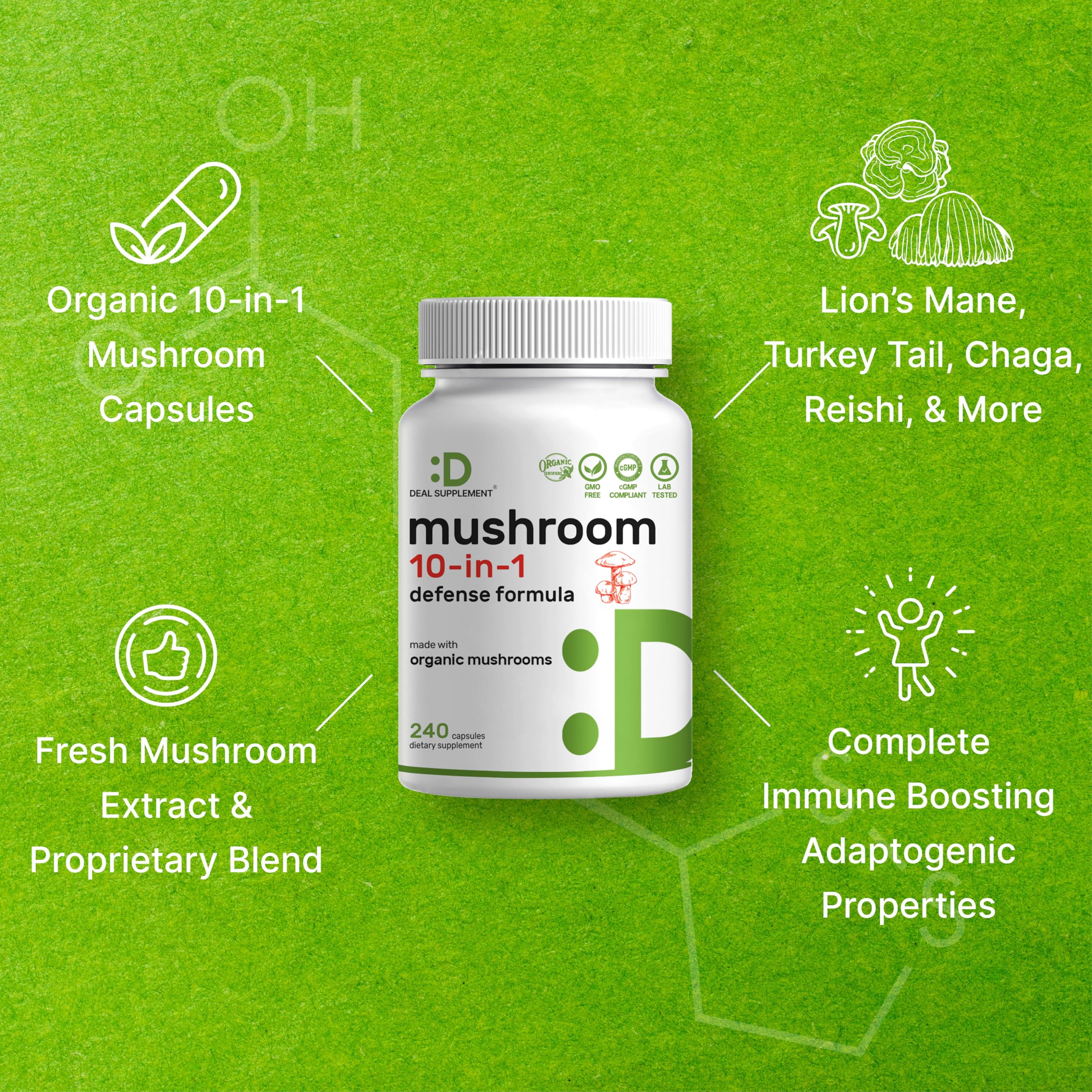 Deal Supplement Reishi Chaga Cordyceps capsules view showing diverse adaptogens.