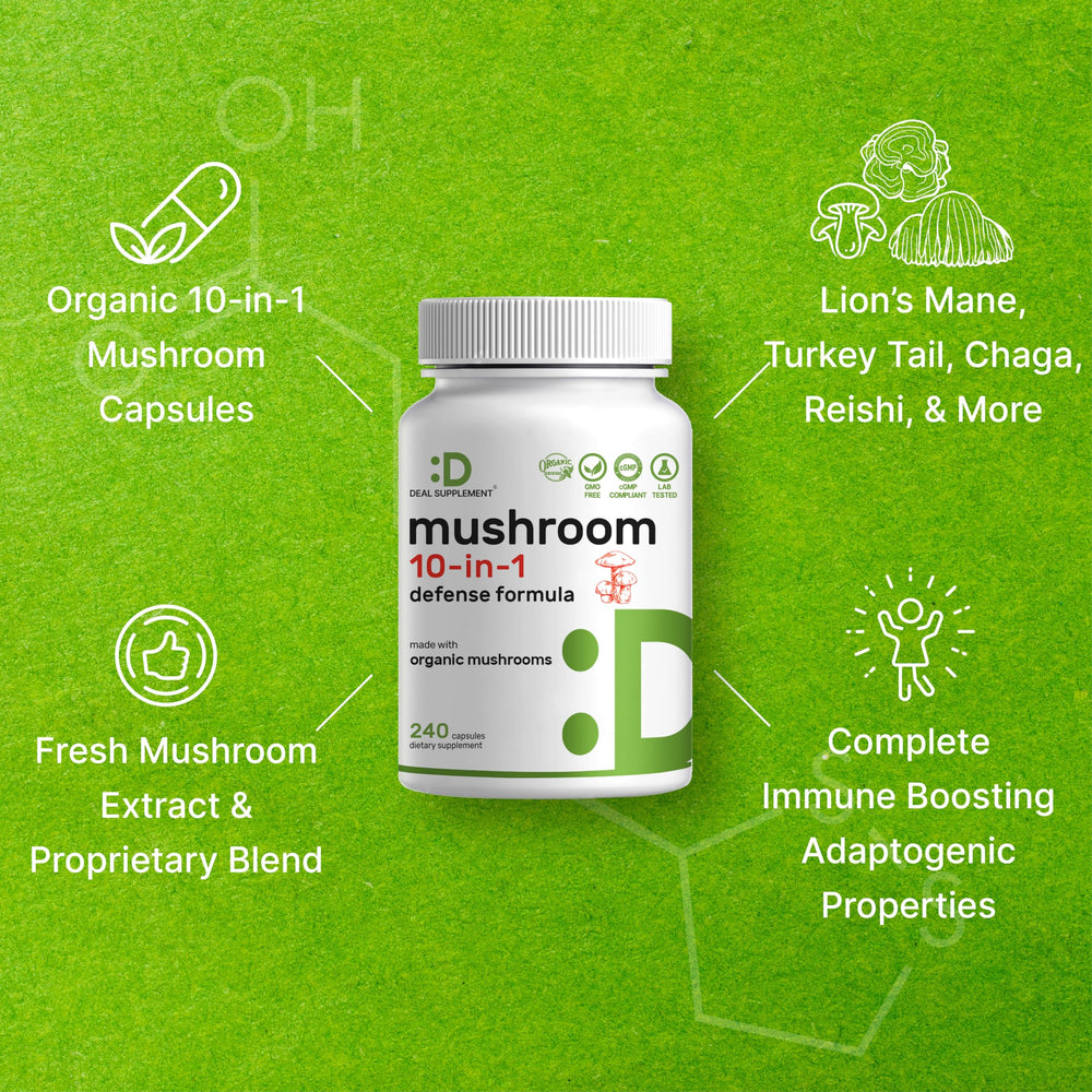 Deal Supplement Reishi Chaga Cordyceps capsules view showing diverse adaptogens.