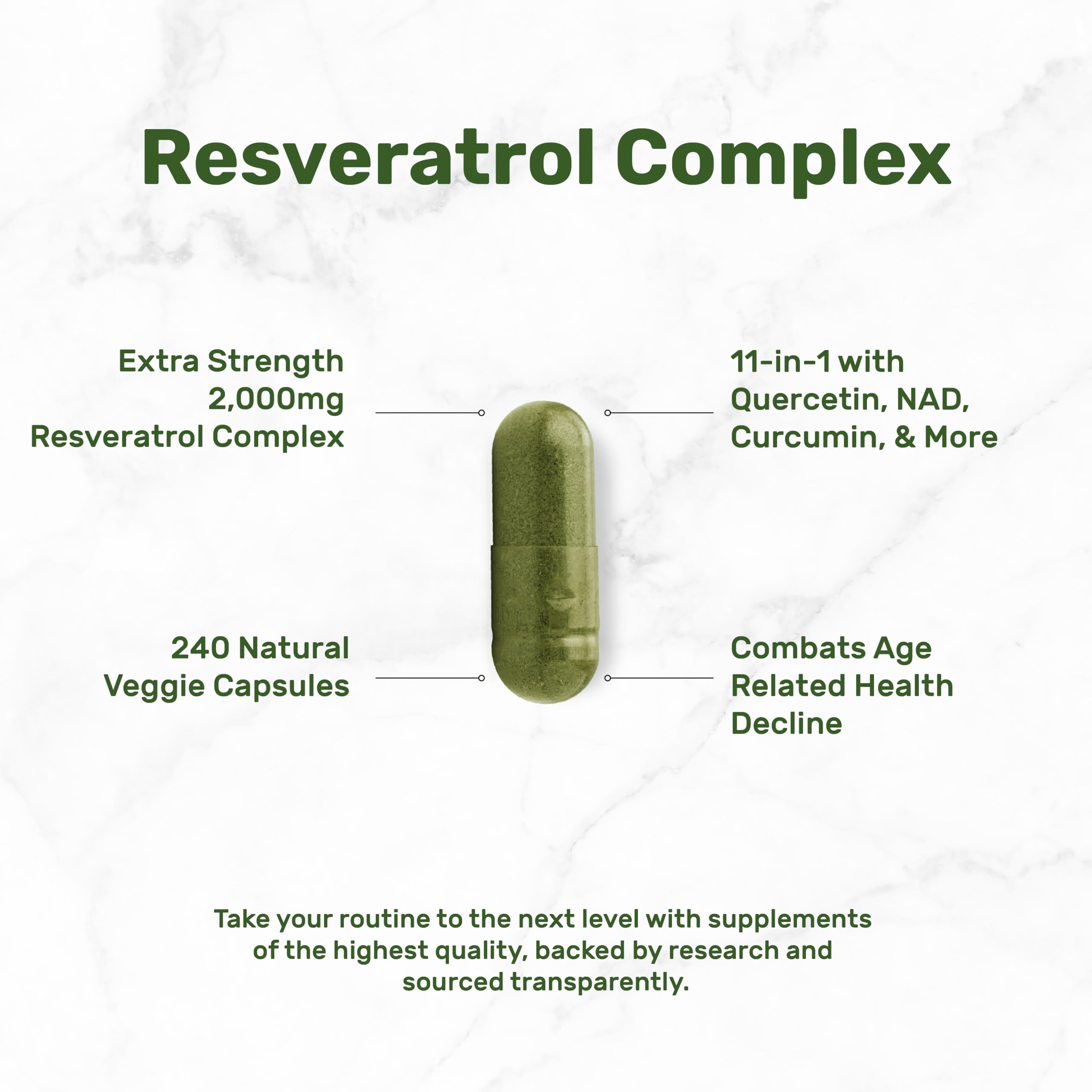 Close-up label of DEAL SUPPLEMENT Resveratrol Complex with 11-in-1 formula for holistic support