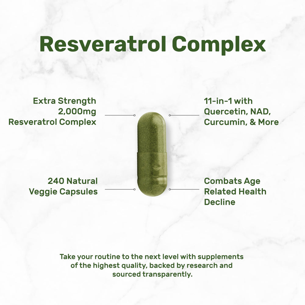 Close-up label of DEAL SUPPLEMENT Resveratrol Complex with 11-in-1 formula for holistic support