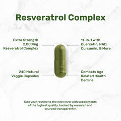 Close-up label of DEAL SUPPLEMENT Resveratrol Complex with 11-in-1 formula for holistic support