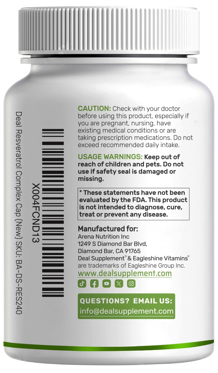 Sealed bottle packaging proof for DEAL SUPPLEMENT Resveratrol Complex, quality tested